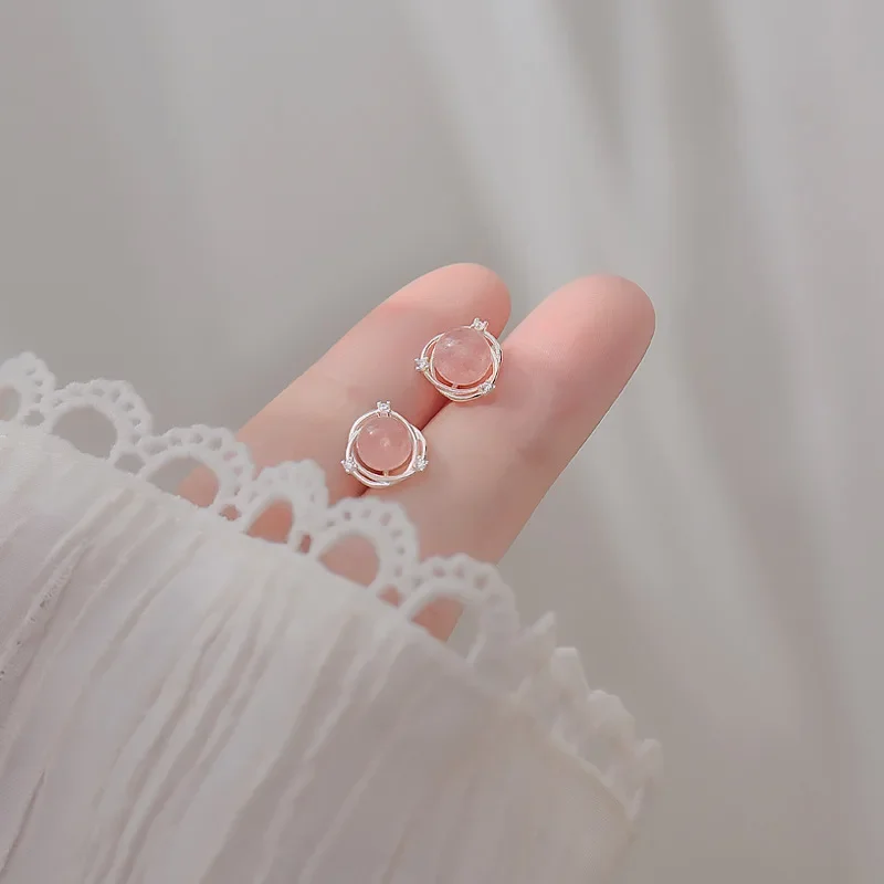 925 Sterling Silver Strawberry Quartz Zircon Stud Earrings Girl Earrings Mori Style Pink Crystal Planet Niche Design Earrings for Women