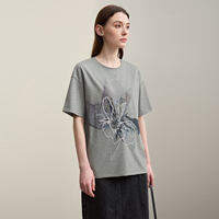 AMII | Round Neck Porcelain Cotton Direct Foaming Print Elastic Loose Drop Shoulder T-shirt