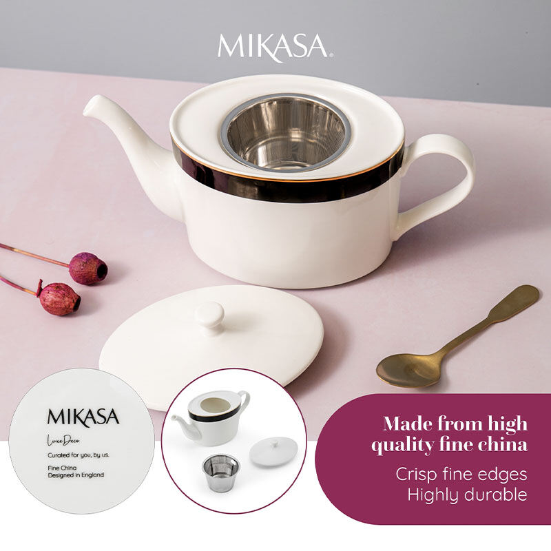 Mikasa Luxe Deco China Teapot, Large 4-Cup Teapot with Filter, 1.1L, Art Deco Print and Real Gold , Dishwasher Safe ราคา 1,462 บาท*ส่งฟรี