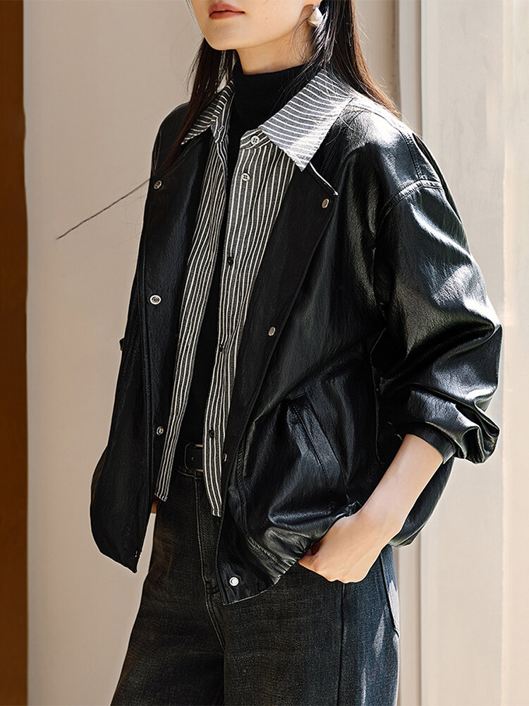 Casual Striped Splicing PU Leather Jacket Women's Spring Autumn Loose Feeling Short Top Black Female Outerwear Coat Harga  791 Ringgit*Penghantaran Percuma