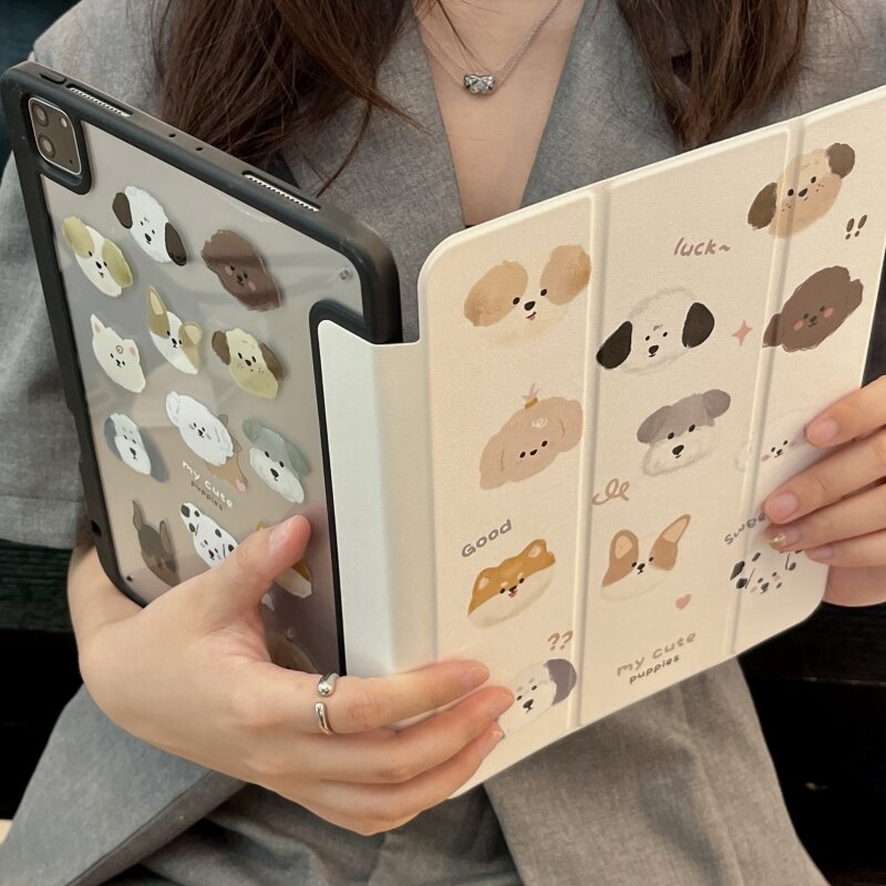 CrashStar Folding Stand Cute Dogs Flip Leather Tablet Case For iPad Mini 6 5 iPad 9.7 5th 6th Air 3 4 5 iPad 10.2 7th 8th 9th 10th Gen iPad Pro 11 12.9 inch 2022 2021 2020 Transparent Shockproof iPad Cover Casing With Foldable Holder Hot Sale