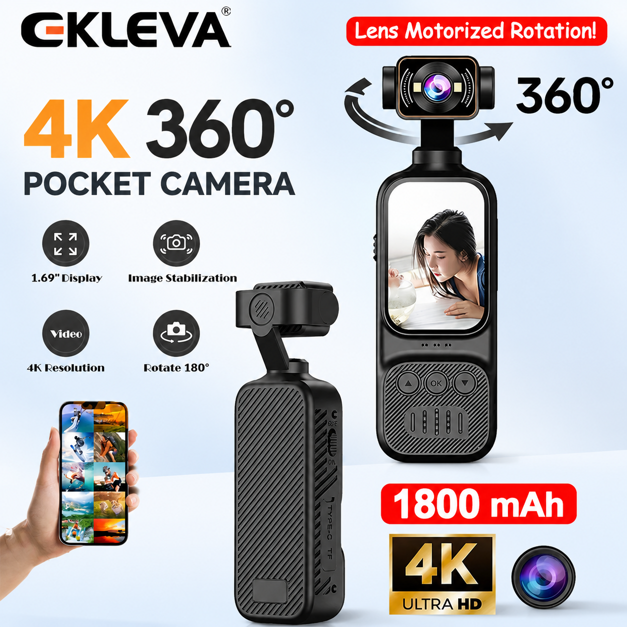 Ekleva 4K Xách Tay Mini Vlog Túi đựng máy ảnh máy ảnh thể thao Với Djustable Xoay Len Thiết bị ổn định cầm tay thân máy camera ghi video