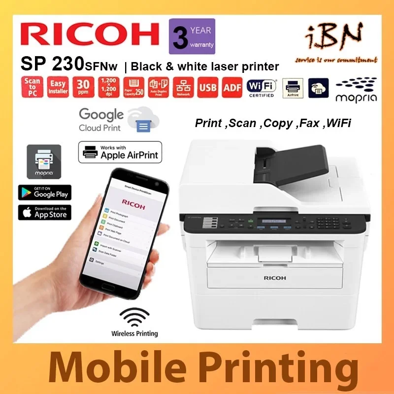 RICOH SP230SFNW MONO ALL IN ONE PRINTER WITH FAX ( Print , Scan , Copy , WiFi , Fax)
