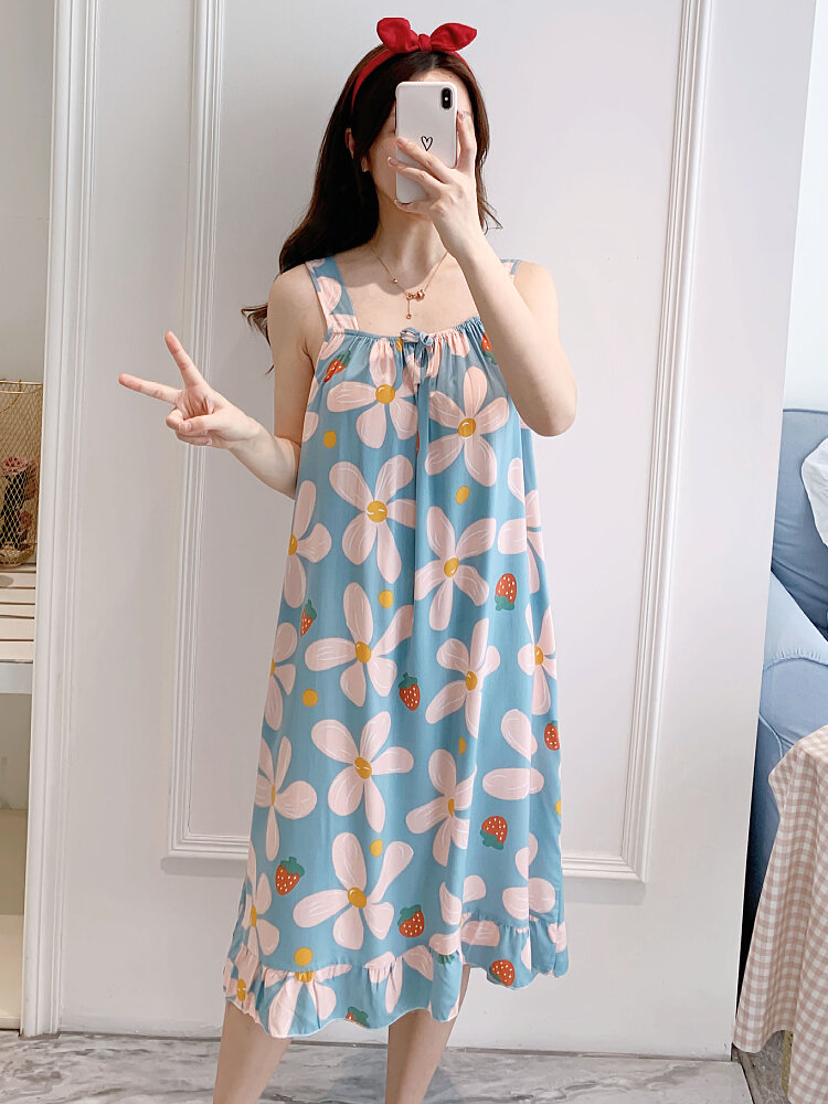 Korean Style Women's Sleepwear Strapless Cartoon Pure Cotton Sexy Summer Home Clothes Silk Student Sleeveless Nightgown Artificial Cotton plus Size. 