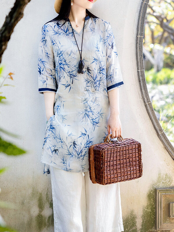 Chinese Style Ramie Half Sleeve Top Cotton Linen Zen Women's Chinese Tea Clothing Retro plus Size Plus Size Ladies New Chinese Tang Suit Shirt