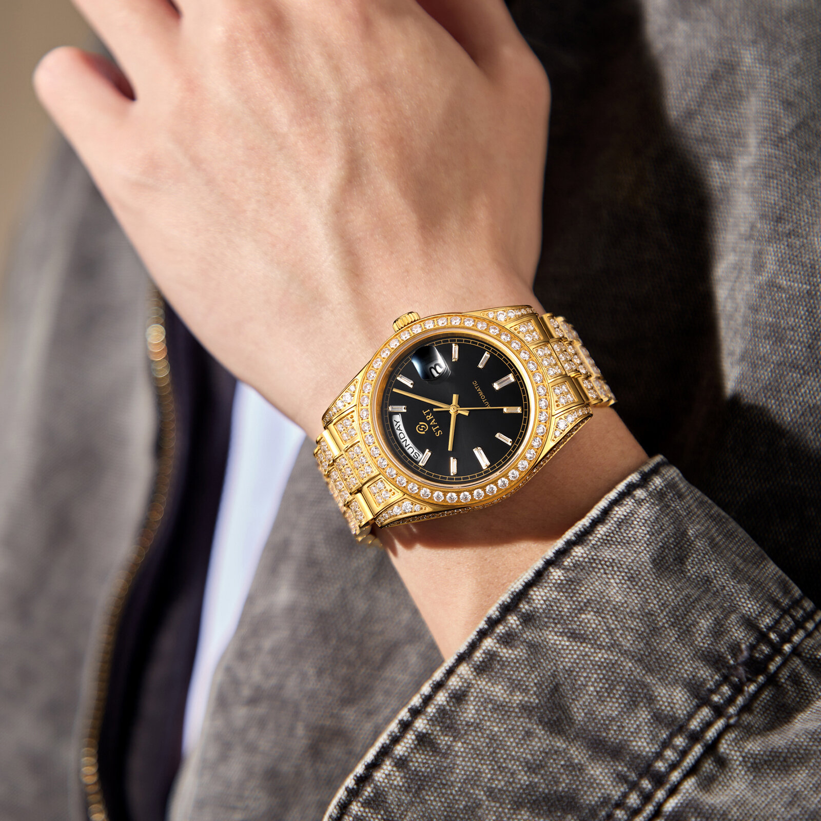 [START Men's Watch Swiss Automatic Mechanical Movement Diamond Watch Waterproof Date Day Butterfly Buckle Strap Golden Watch,Start Men's Watch Swiss Automatic Mechanical Movement Diamond Watch Waterproof Date Display Butterfly Buckle Strap Gold Watch,] ราคา 48,306 บาท*ส่งฟรี