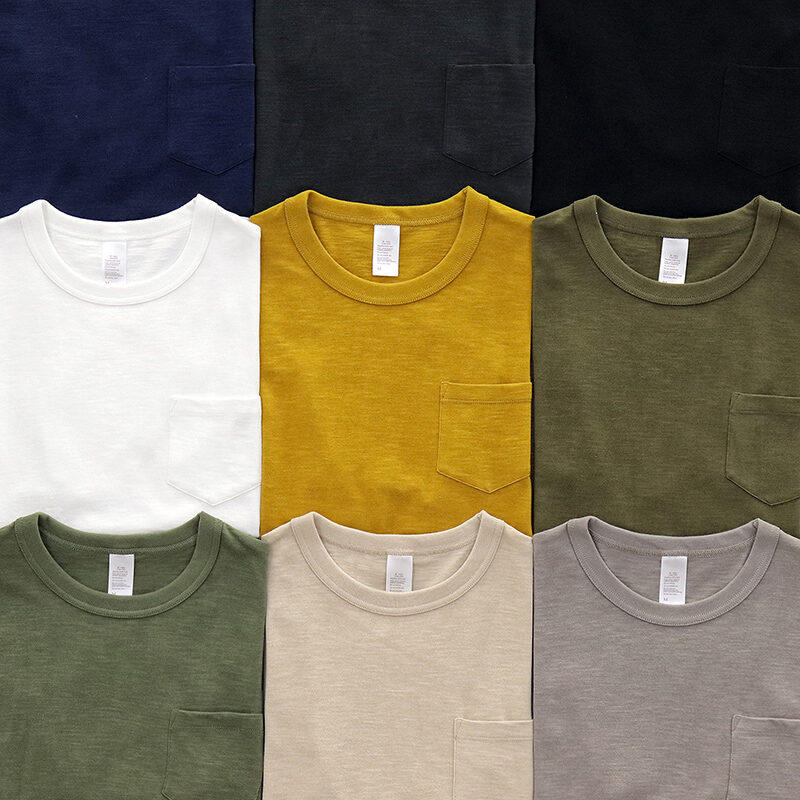 Vintage Bamboo Cotton Men's T-shirt Breathable Short Sleeve Pocket Design Summer Casual round Neck Pure Color American Style