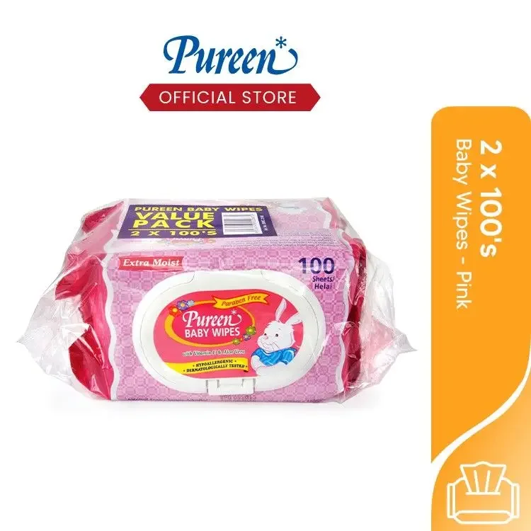 Pureen Baby Wipes - Pink (2 x 100's)