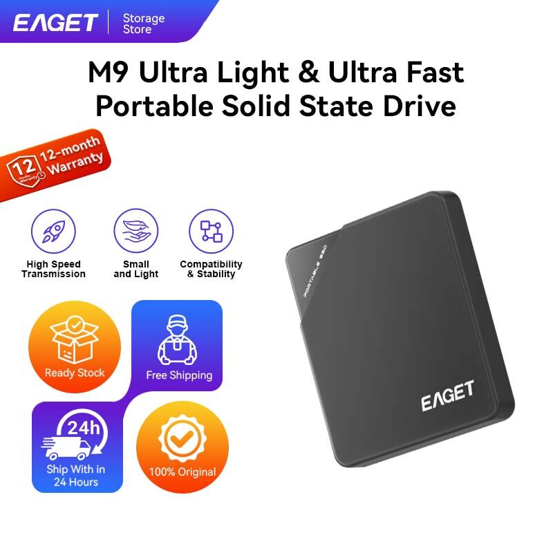 EAGET M9 Portable External SSD Up To 500MB/s Read Speed Slim Pocket-sized Solid State Drive With Type-C To USB-A/C Cable Shock Resistant Plug And Play For Laptop PC Mobile Media Office Game Data Backup 128GB 256GB 512GB 1TB 2TB ราคา 4,864 บาท*ส่งฟรี