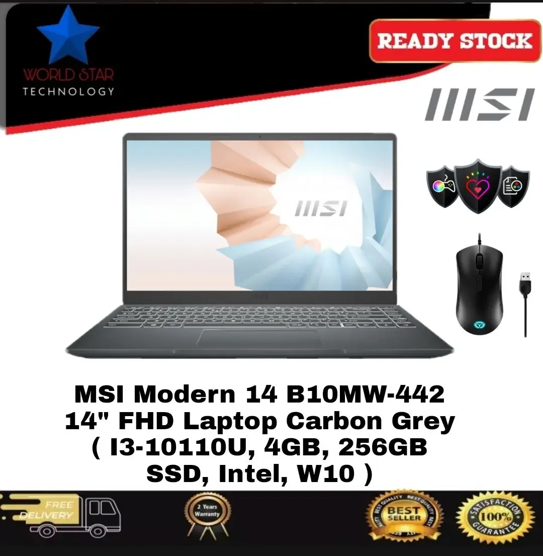 MSI Modern 14 B10MW-442 14" FHD Laptop Carbon Grey ( I3-10110U, 4GB, 256GB SSD, Intel, W10 )