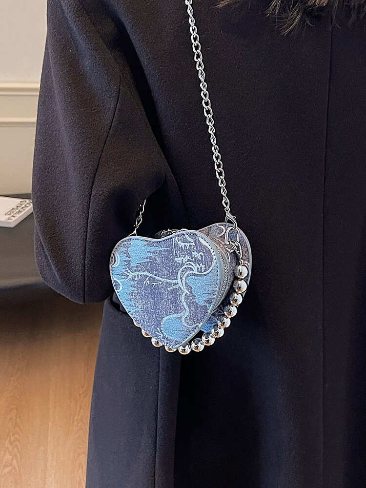 Fashionable Mini Heart Shaped Beaded Coin Purse Women's Crossbody Bag Soft PU Leather Casual Style Autumn Collection. 