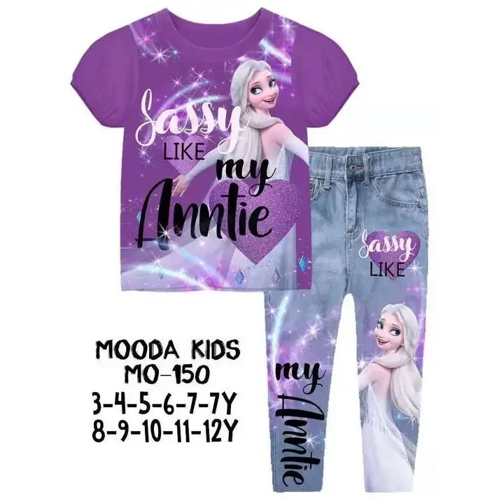 Mooda Kids Frozen Casual Set M0-150 Set Baju Frozen Printed Jeans Pants