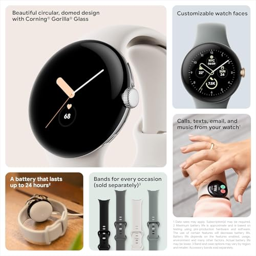 Google Pixel Watch, 41mm Polished Silver Case w/Charcoal Active Band, Android Smartwatch, Fitbit Activity, Fitness, Sleep, Heart Rate Tracking, LTE Support - Image 2