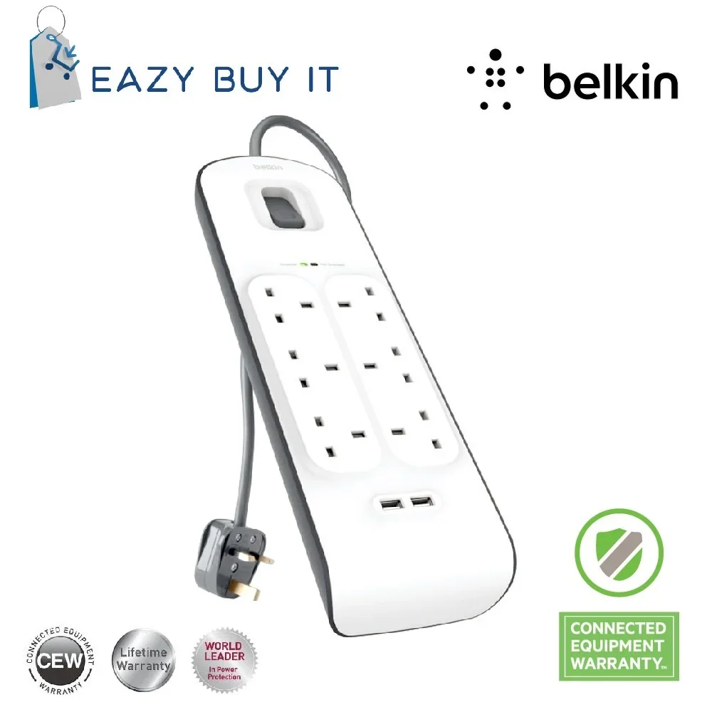 【READY STOCK】BELKIN [USB SERIES] 6 GANG SOCKET SURGE PROTECTION STRIP WITH TWO 2.4A USB CHARGING PORTS - 2M (BSV604SA2M)