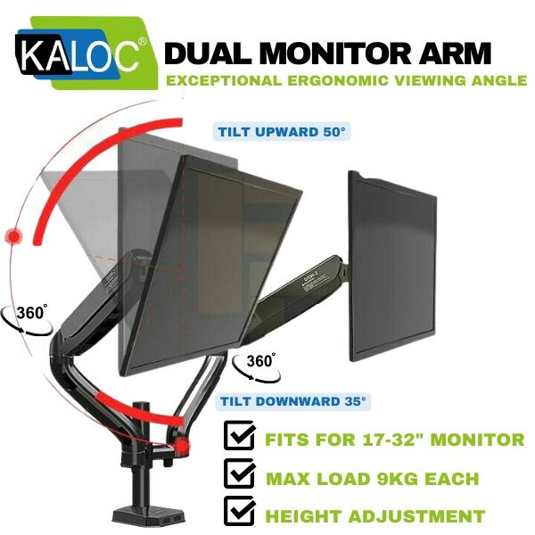 Kaloc DS902 1732" Ergonomic Viewing Full Motion Dual Monitor Arm