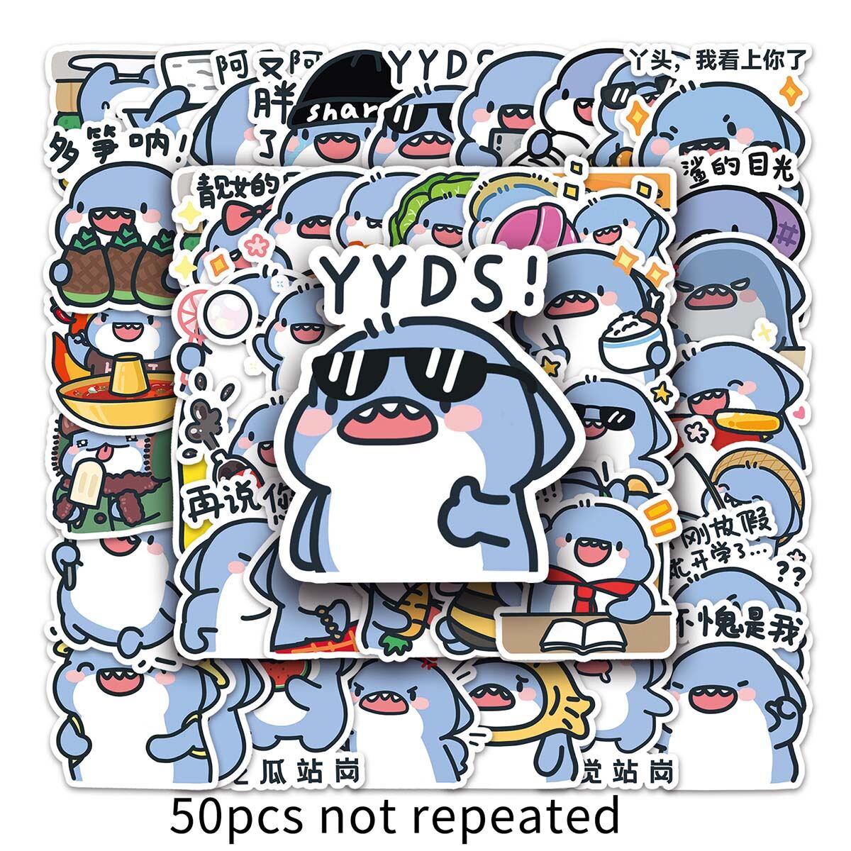 50PCS Cute Cartoon Fat Shark Chinese Expression Sticker Mobile Phone Laptop Scrapbooking Waterproof Sticker