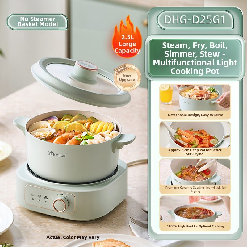 Bear | Portable Electric Multi Cooker 2.5L 1000W Mini Cooker for Home Dorm Kitchen Cooking Pot Steamer Noodle Boiler with Knob Control