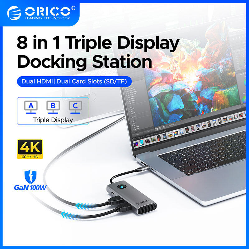 ORICO Triple Display Dual HDMI Docking Station USB Hub USB C Hub USB3.0 to 4K60Hz SD/TF Slot PD100W Charge For Laptop Accessories USB Port Extension for Laptop