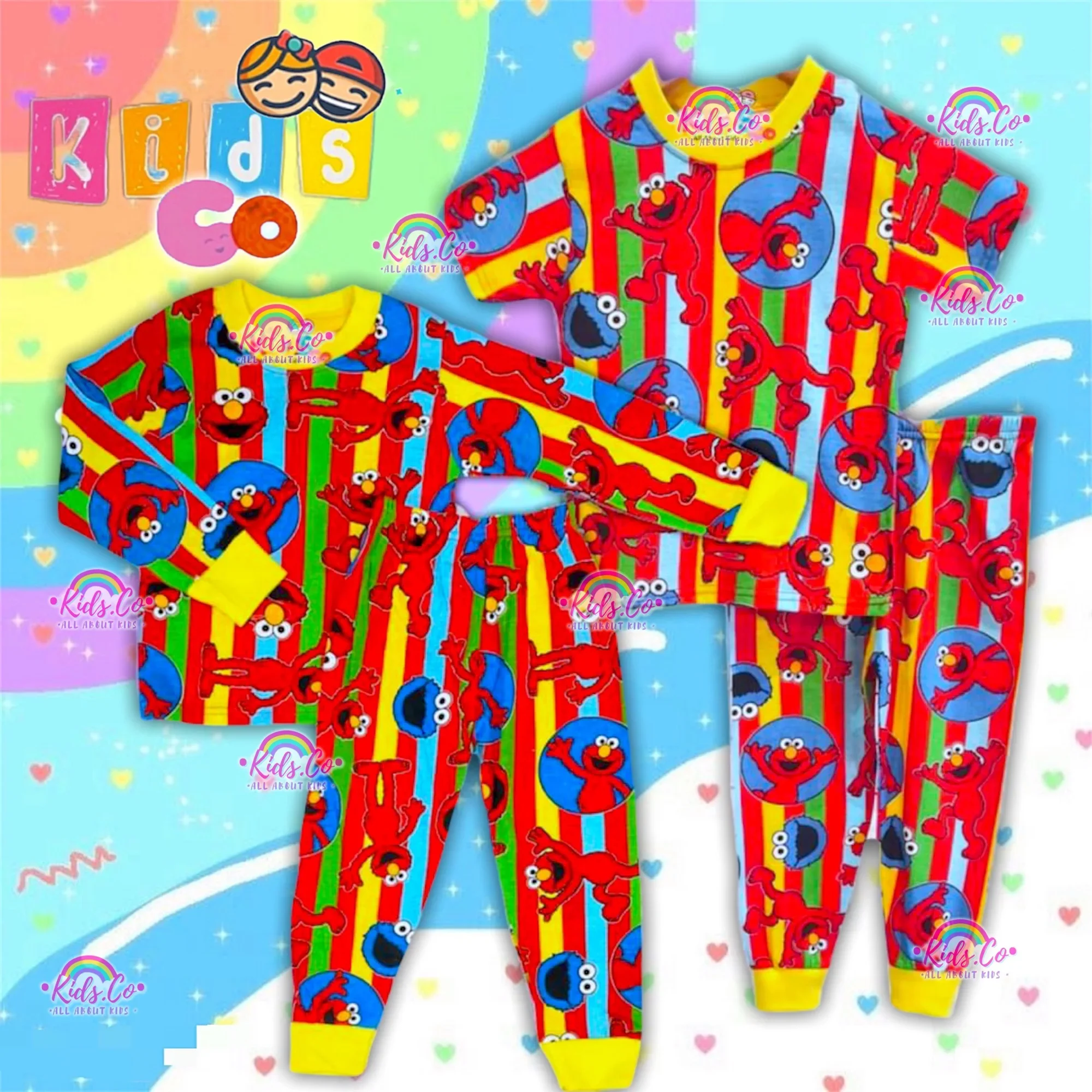 Readystock Pyjamas Elmo Striped Printed Long & Short Cotton Kids Size