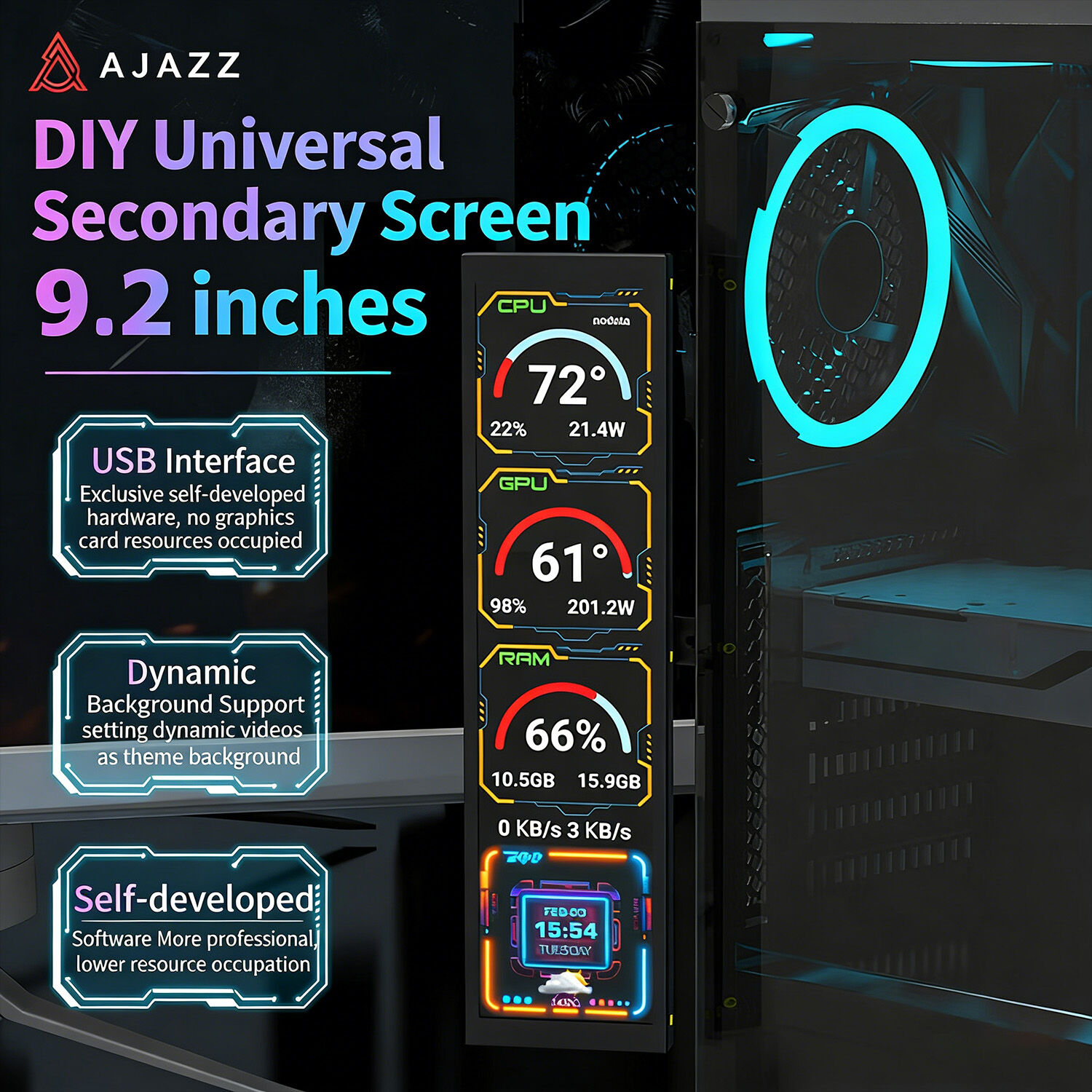 ATTACK SHARK x AJAZZ 9.2" IPS LCD Monitor: 1920x464 HD True Color Display, Ultra-Wide 178° Viewing Angle, Metal Case, USB-Powered Secondary Screen for PC Stats & DIY Monitoring ราคา 3,213 บาท*ส่งฟรี