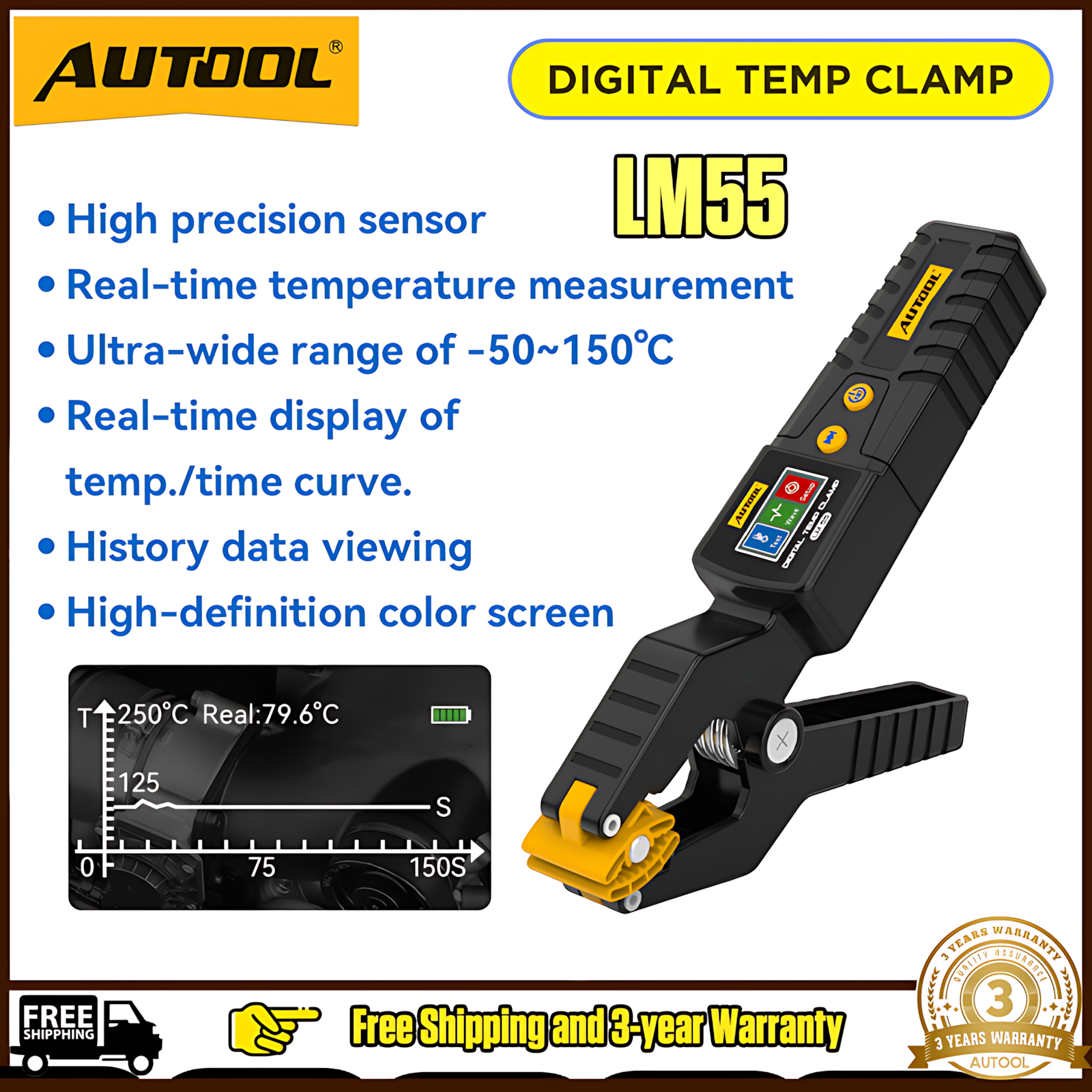 AUTOOL LM55 Clamp Type Temperature Measuring Instrument Digital Temp Clamp High Precision Sensor Ultra-wide Range -50°C~150°C Giá 658,525 Đồng*Miễn phí vận chuyển