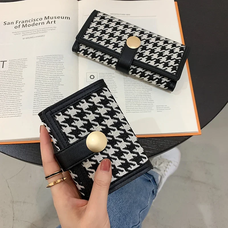 New Houndstooth Canvas Wallet Women's Short Contrast Color Folding Coin Purse Multi-Card Buckle Long Clutch