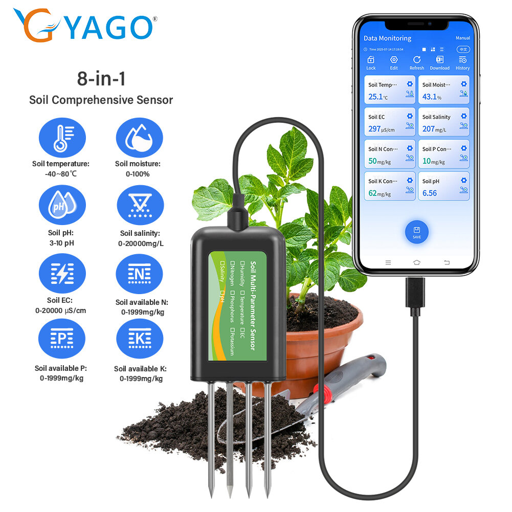 【USB Smart】 RCYAGO 8-in-1 Soil Detector Soil Temperature and Humidity/EC/Salt/Nitrogen Phosphorus Potassium/PH Value Sensor USB Smart Nutrition PH Sensor ราคา 1,900 บาท*ส่งฟรี