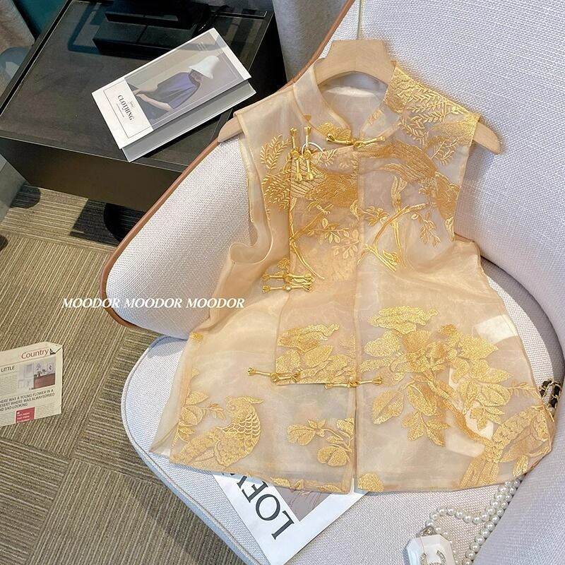 New Chinese Style Vest Shirt Women's Spring and Summer 2024 National Style Elegant Machine Embroidery Stand Collar Organza Retro Style