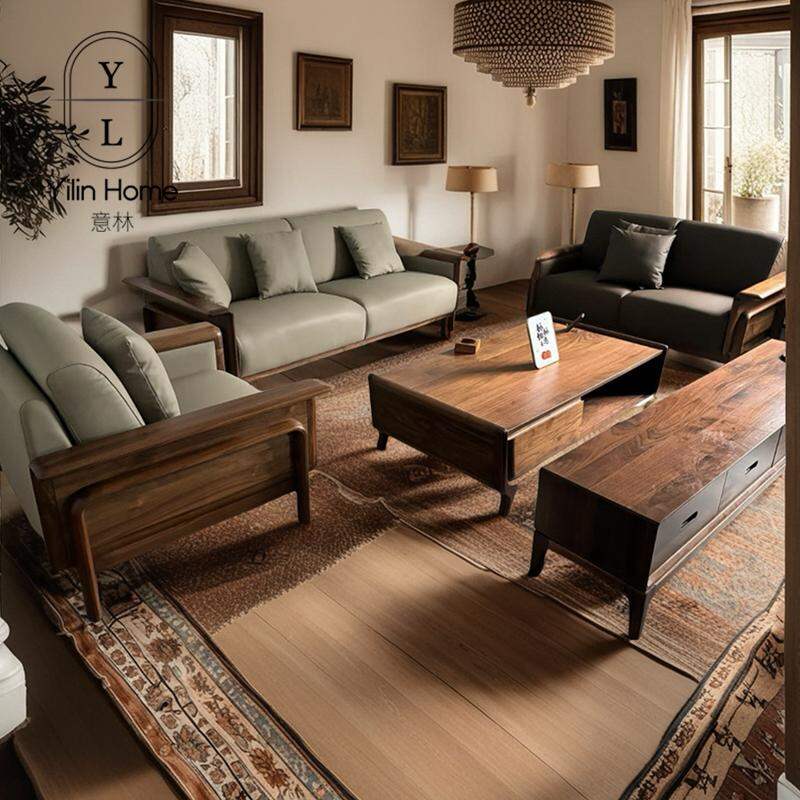 Modern Simple Black Walnut Wood Sofa High End Solid Wood Straight Row Sofa Combination for Living Room with Storage Space Harga  4,095 Ringgit*Penghantaran Percuma