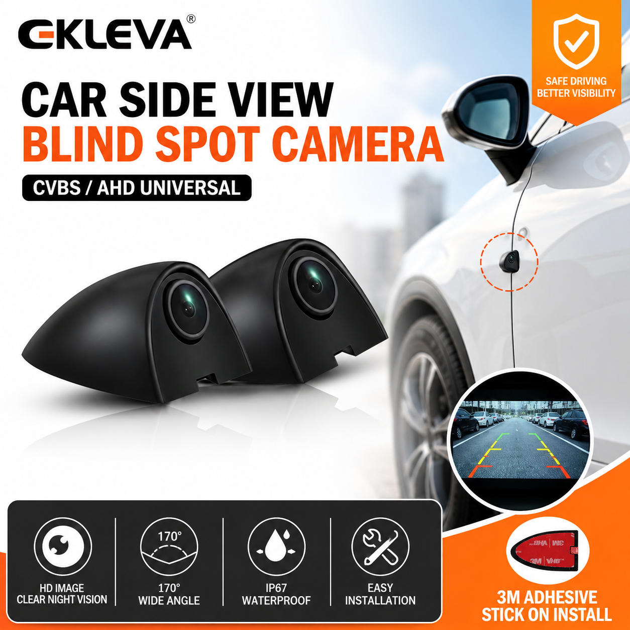 EKLEVA 2 pcs Car Door Side View Camera Night Vision HD Image Left Right Side Blind Spot Camera Tape Mounting for Sedan Pickup Truck Giá 1,216,823 Đồng*Miễn phí vận chuyển