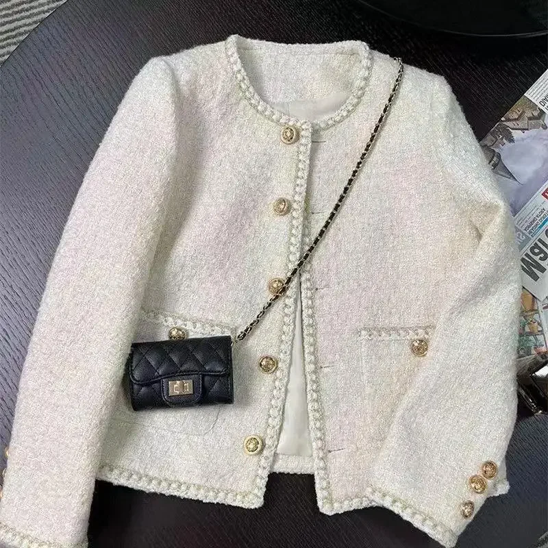 2024 Spring Autumn New Korean Style White Cropped Tweed Jacket Elegant Socialite Coarse Tweed Cropped Jacket For Women