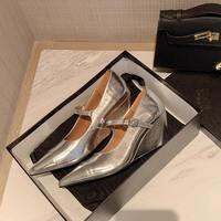 XUJIA | High Heels French Silver Pointed Toe Buckle Vintage Flats