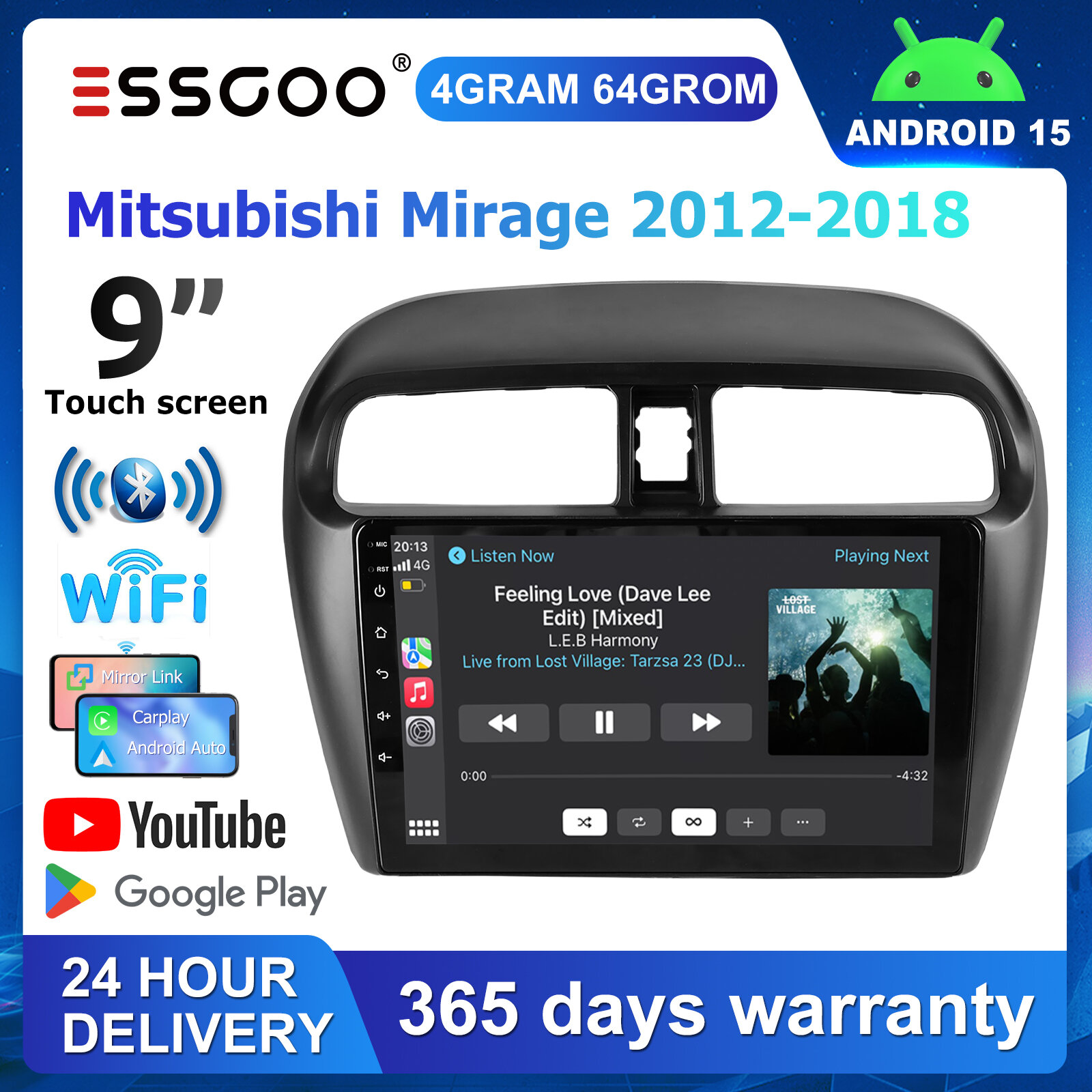 ESSGOO 9 Inch 4+64GB For Mitsubishi Mirage/Space Star 2012-2018 Android Stereo IPS Screen Wireless Carplay Android Auto 1080P Dashcam Car Head Unit WiFi BT GPS FM Radio ราคา 3,666 บาท*ส่งฟรี