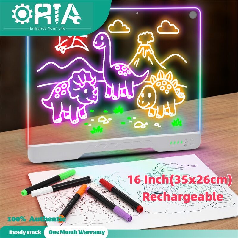 ORIA 16 Inch LED Writing Tablet with Pen Rechargeable Erasable Doodle Board Colorful Toddler Drawing Pad with 7 Colors 4 Lighting Modes 9 Brightness Levels Handwriting Tablet Pads Board for Girls Boys Kids Adults White
