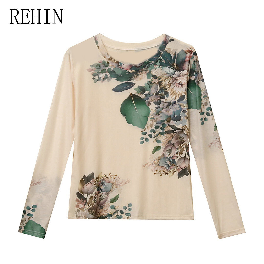 Rehin Cổ Tròn Tay áo dài in lưới T-Shirt phụ nữ ôm vừa Trọng lượng nhẹ áo cơ bản (S-4XL)