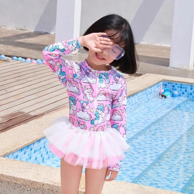INS Children's Swimsuit Girl Long Sleeve Sun Protection One-Piece Gauze Skirt Baby Princess Little Girl Smaller and Big Kids' Swimwear