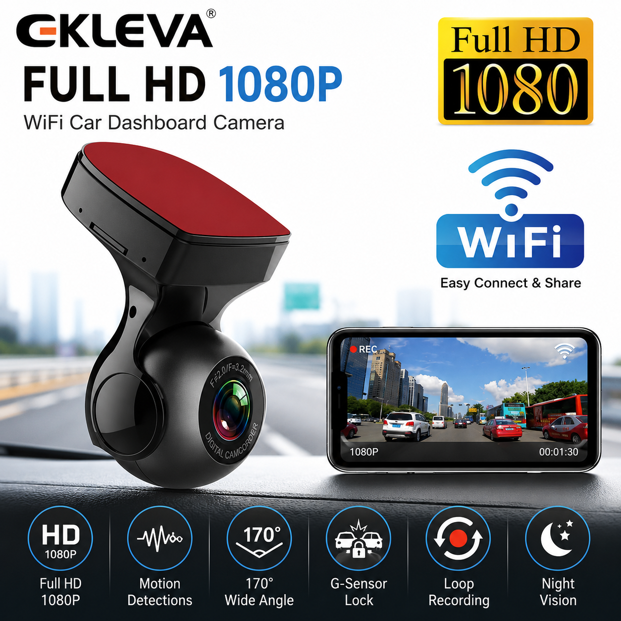 รูปสินค้า EKLEVA Dash Cam For Car 1080P HD Night Vision Car Camera Recorder Wi-Fi Hidden Dashcam Motion Detection dvr 170°FOV Came