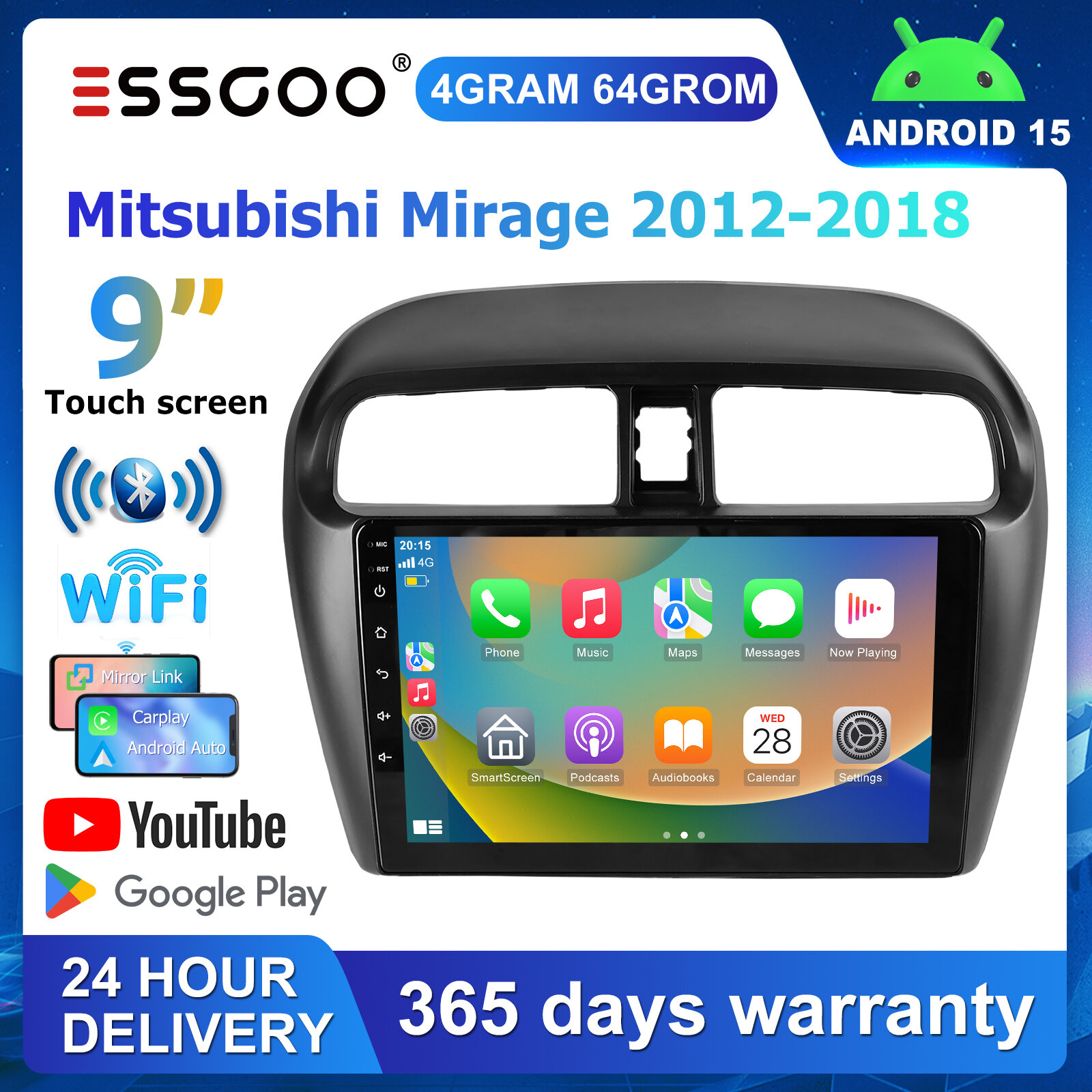 ESSGOO 4+64GB 9 Inch Multimedia Android Player For Mitsubishi Mirage/Space Star 2012-2018 IPS Screen Carplay Android Auto 1080P DVR Car Stereo Radio Plug play WiFi BT GPS ราคา 3,666 บาท*ส่งฟรี