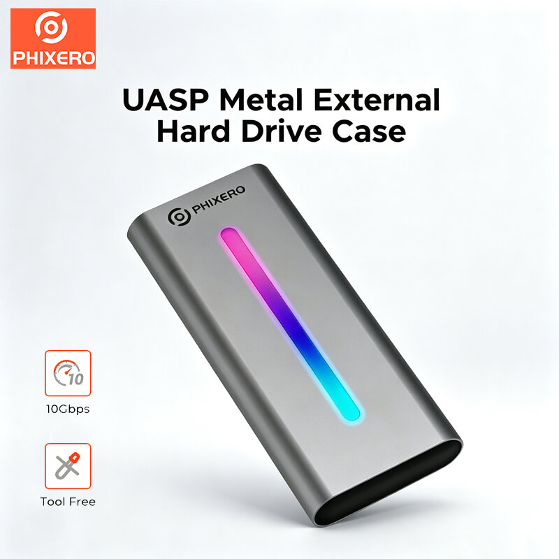 PHIXERO RGB M.2 NVMe SSD Enclosure USB 3.1 Gen2 10Gbps UASP Metal External Hard Drive Case M‑Key Type‑C SSD Storage Box ราคา 649 บาท*ส่งฟรี
