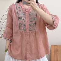 Lieoyuarn | Elegant Embroidery Single Button Slimming Cotton Linen Shirt 5/8 Sleeve