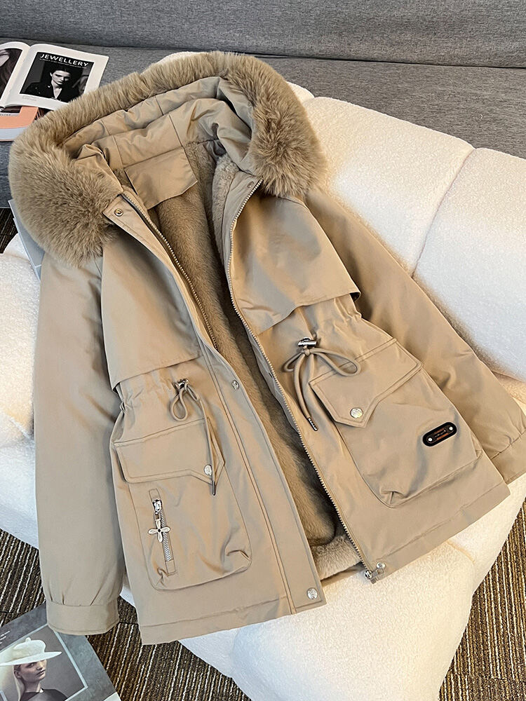 Women's Thickened Fleece Parka Winter Jacket Cotton down Coat Korean Style Loose Fit Zipper Closure Long Sleeve Hooded Coat