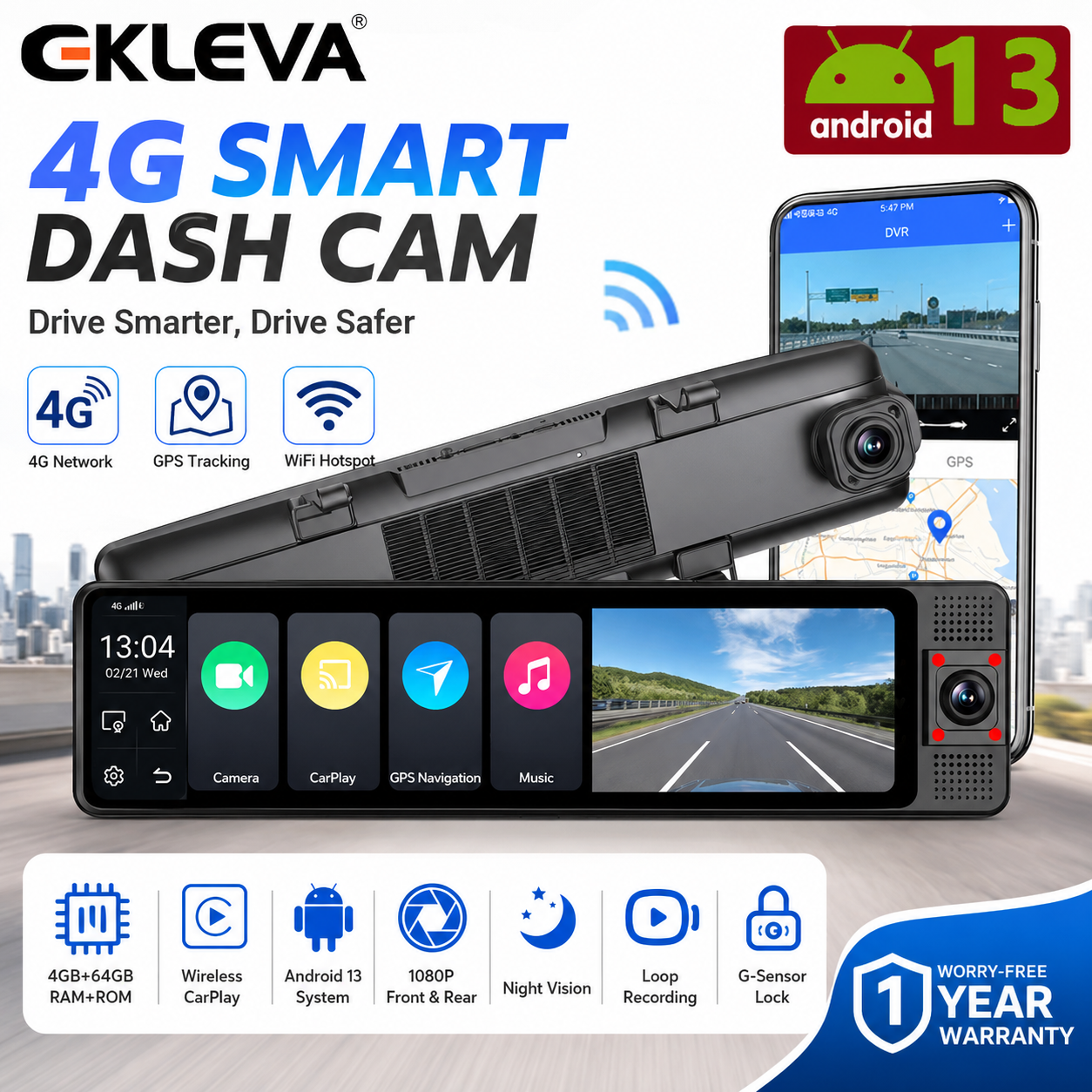 EKLEVA 12" Android 13 Car DVR 4G 8 Core 4GB+64GB 1080P ADAS WiFi Dash Cam FM BT DashCam Rearview Mirror Camera Video Recorder Dashboard Giá 5,330,010 Đồng*Miễn phí vận chuyển