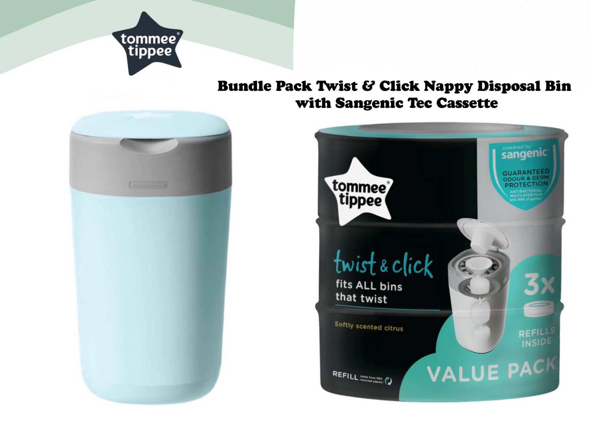 Tommee Tippee Twist & Click Nappy Disposal Bin/Tommee Tippee Sangenic Tec Cassette. 