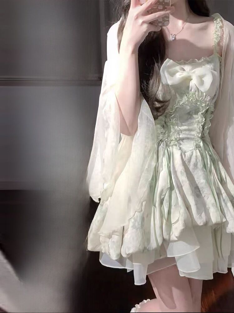 Summer French Style Women's Sweet Fresh Gentle Strap Dress Beach Vacation Waist Cinched Fluffy Skirt Short Long Dress