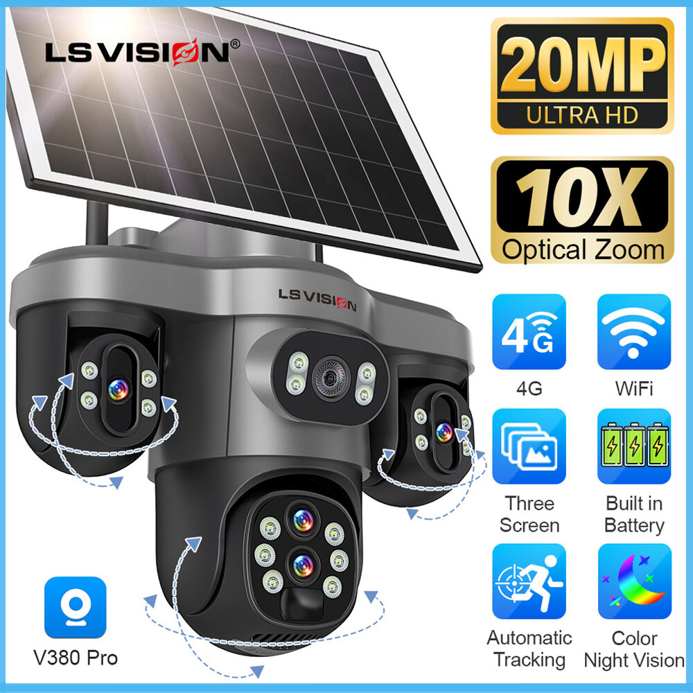 LS VISION V380 10X Optical Zoom 3 PTZ Lens Solar Camera 4G/WiFi 20MP CCTV AI Detection Solar+8000mAh Humanoid Detection Automatic Tracking 2-Way Talk IP66 Waterproof IP Cameras ราคา 3,293 บาท*ส่งฟรี