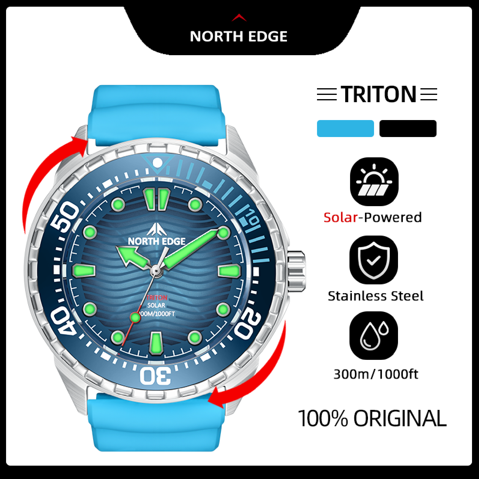 NORTH EDGE TRITON Solar Diving Watch 46MM 300M Waterproof 316L Stainless Steel