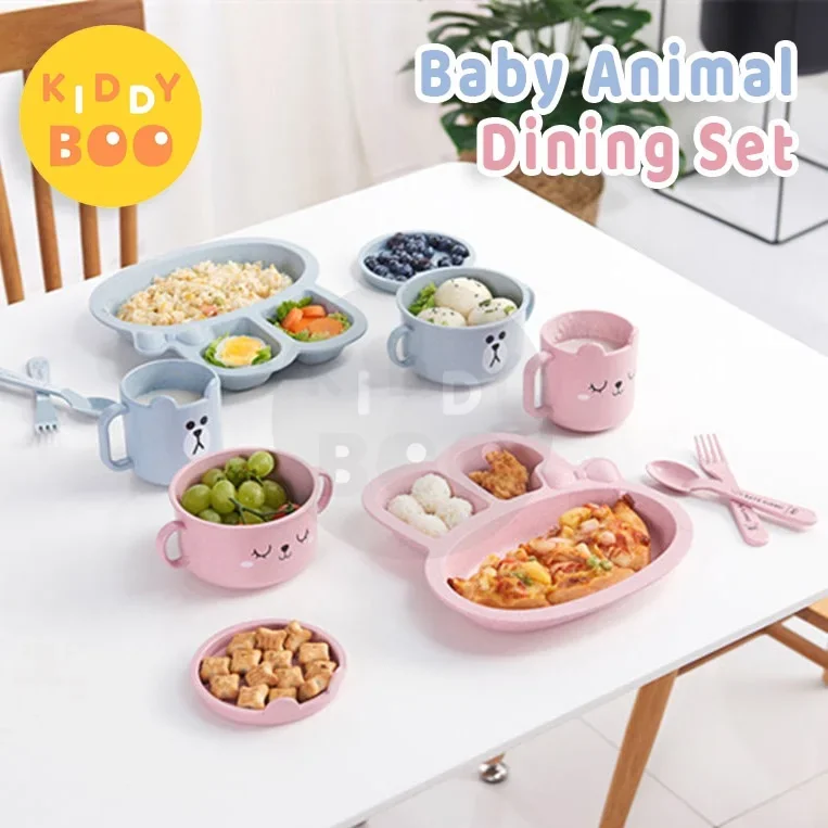 KIDDY BOO 5 pcs Kids Children Toddler Bamboo Fiber PP Dish Plate Set Baby Animal Cartoon Feeding Dining Set Dish Plate Fork Spoon Cup