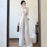 XUECAIQI | Large Size French Style Slimming V-Neck Vest Wide Leg Pants Set