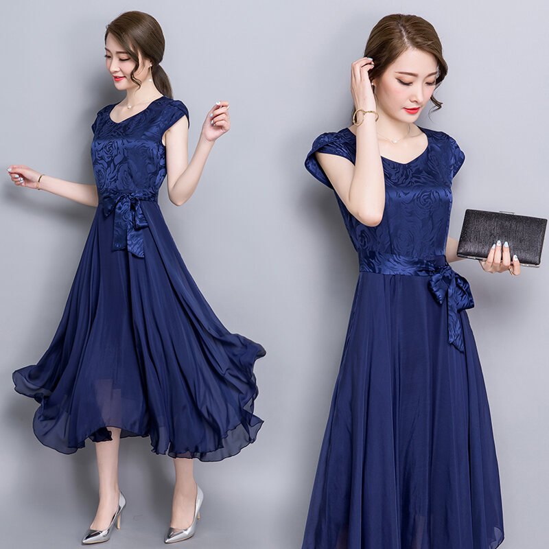 Women's plus-sized blue silk short sleeve dress | Lazada