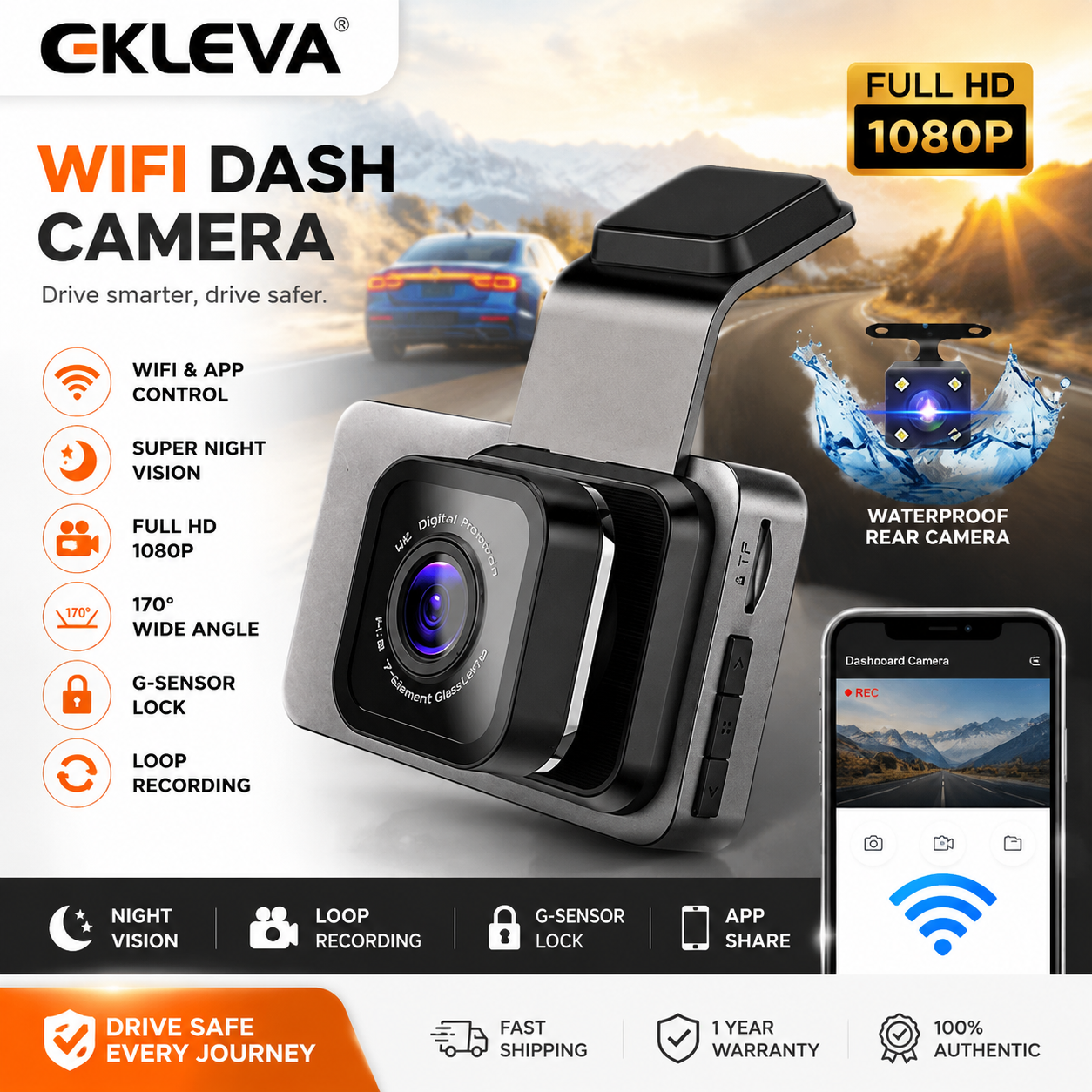 EKLEVA Car DVR Camera Auto Camera 3 Inch Full HD 1080P WIFI Dash Cam DVRS Video Recorder Registrator 170°Wide Angle, WDR, G-Sensor, Loop Recording and Motion Detection Giá 700,187 Đồng*Miễn phí vận chuyển